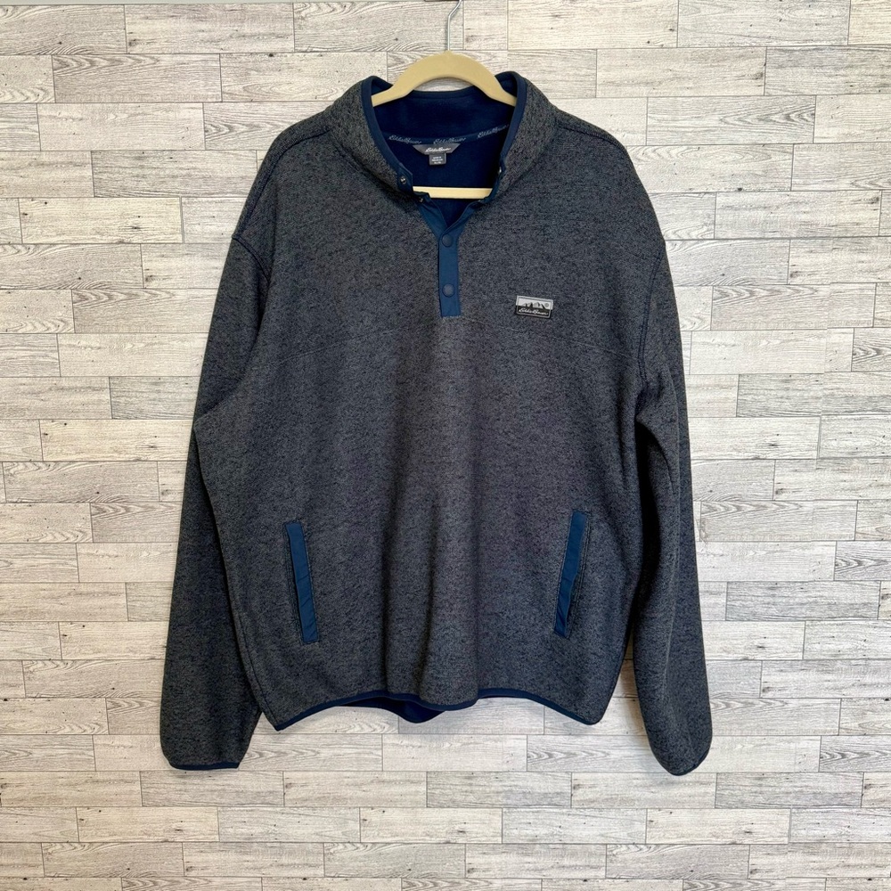 EDDIE BAUER Men's Knit Fleece Sweater 1/4 Snap Muff Pocket Gray Navy Sz-XLarge - Picture 10 of 12